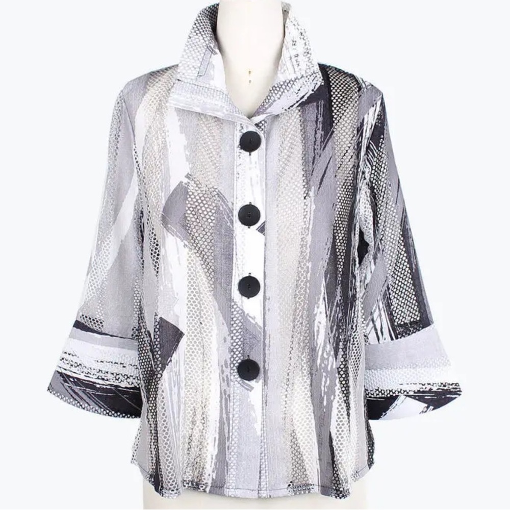 Damee Women’s Brushstroke Lace Blouse Gray Black White size Large